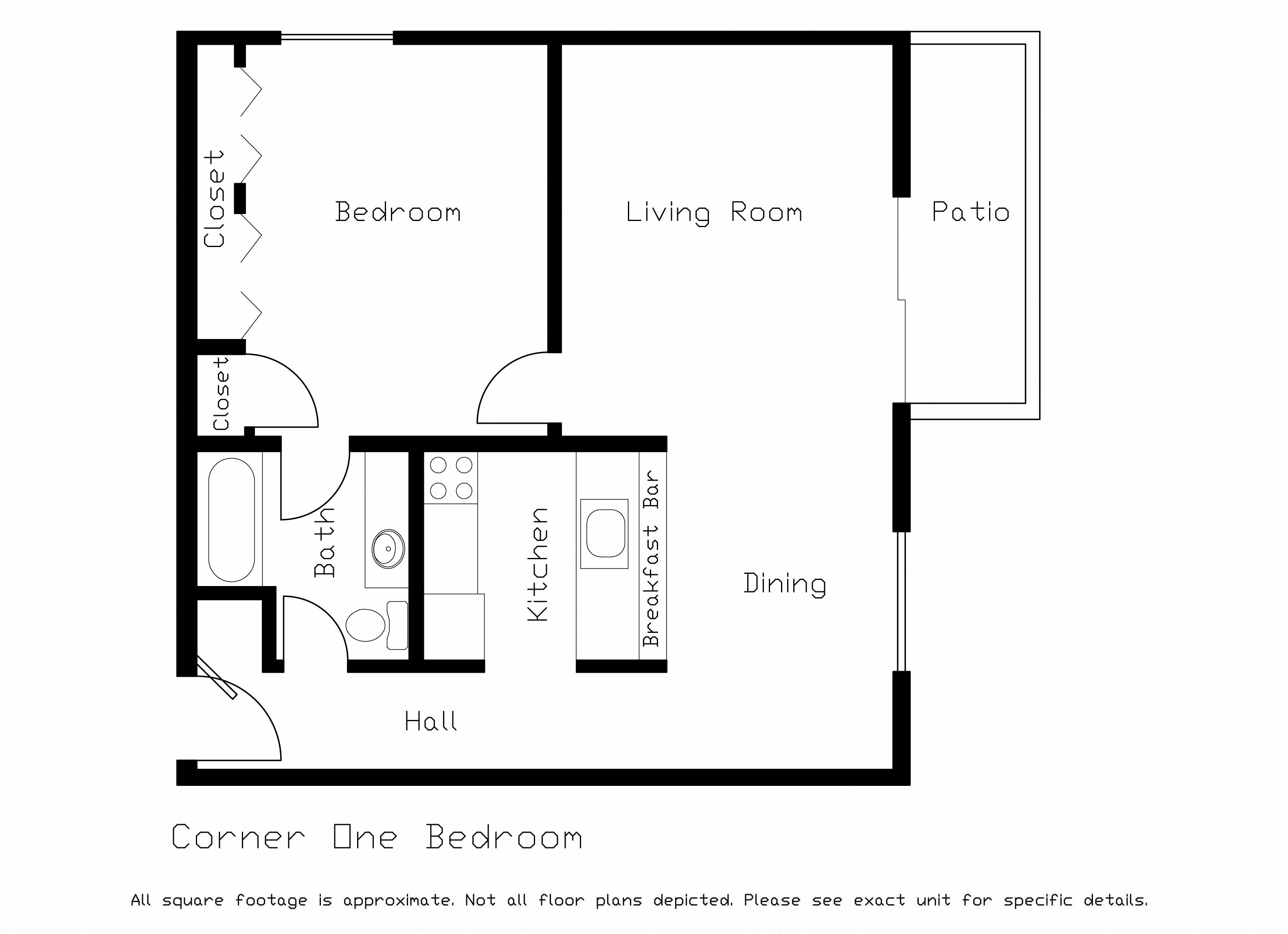 Floor plan for 1 bed, 1 bath, 680 sqft